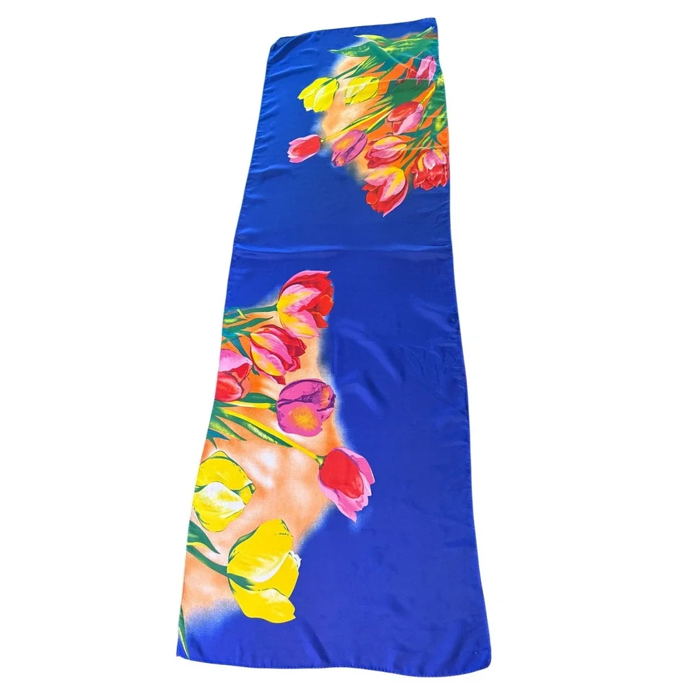 Vintage Blue Floral Tulip Print Silk Scarf Long‎ Rectangular Wrap 60x19